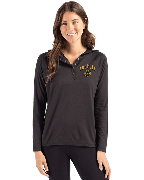 Seattle Mariners City Connect Cutter & Buck Coastline Epic Comfort Recycled Womens Hooded Shirt Black Front