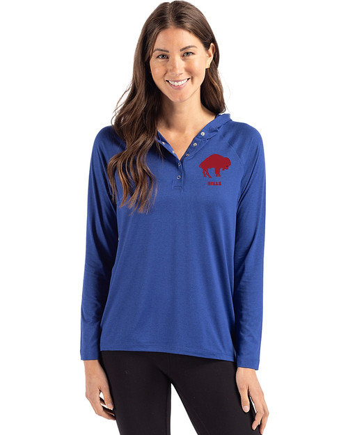 Buffalo Bills Historic Cutter & Buck Coastline Epic Comfort Recycled Womens Hooded Shirt Tour Blue Front