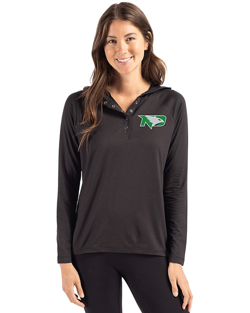 North Dakota Cutter & Buck Coastline Epic Comfort Recycled Womens Hooded Shirt Black Front