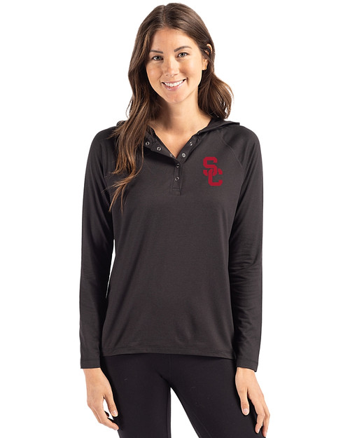 USC Trojans Cutter & Buck Coastline Recycled Double Peached Womens Hooded Pullover Black Front