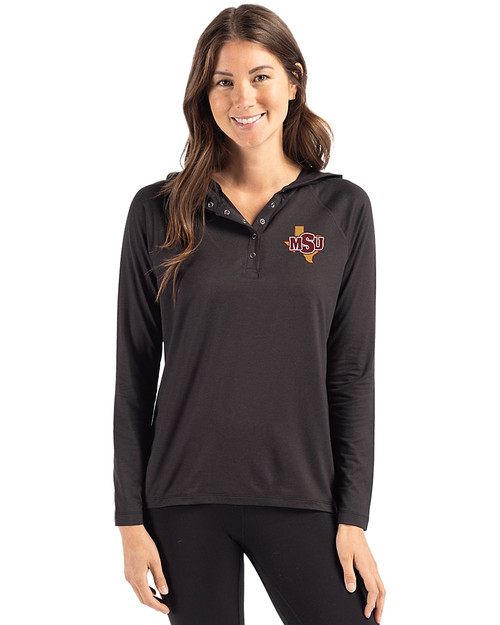 Midwestern State Mustangs Cutter & Buck Coastline Epic Comfort Recycled Womens Hooded Shirt Black Front