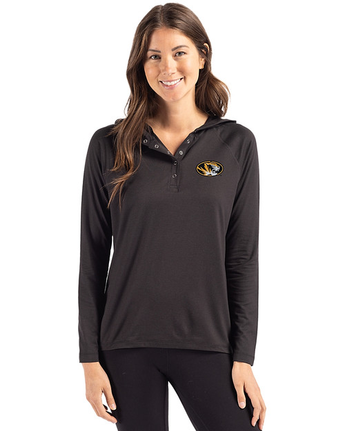 Missouri Tigers Cutter & Buck Coastline Epic Comfort Recycled Womens Hooded Shirt Black Front
