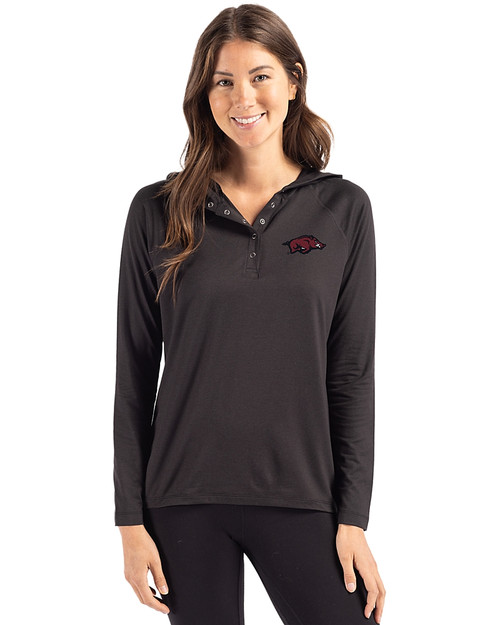 Arkansas Razorbacks Cutter & Buck Coastline Recycled Double Peached Womens Hooded Pullover Black Front