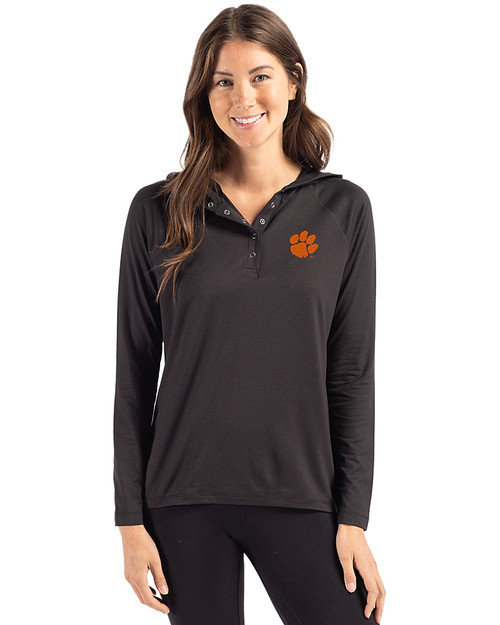Clemson Tigers Cutter & Buck Coastline Epic Comfort Recycled Womens Hooded Shirt Black Front