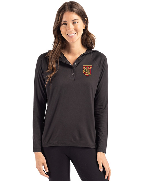 Tuskegee Golden Tigers Cutter & Buck Coastline Epic Comfort Recycled Womens Hooded Shirt Black Front
