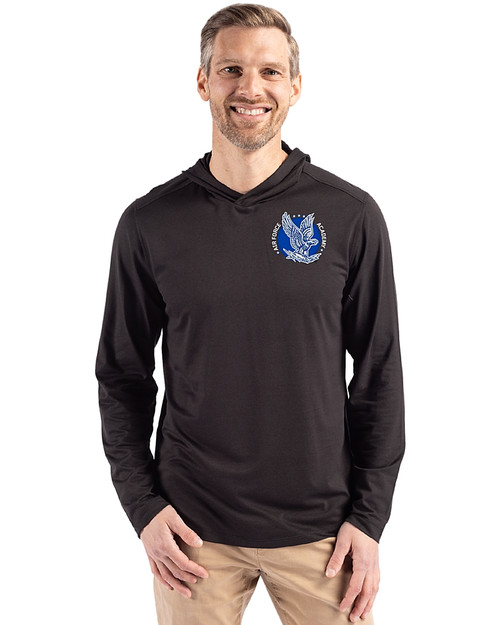 Air Force Falcons College Vault Cutter & Buck Coastline Epic Comfort Recycled Mens Hooded Shirt Black Front