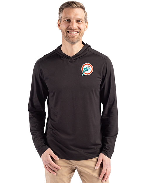 Miami Dolphins Historic Cutter & Buck Coastline Recycled Double Peached Mens Hooded Pullover Black Front