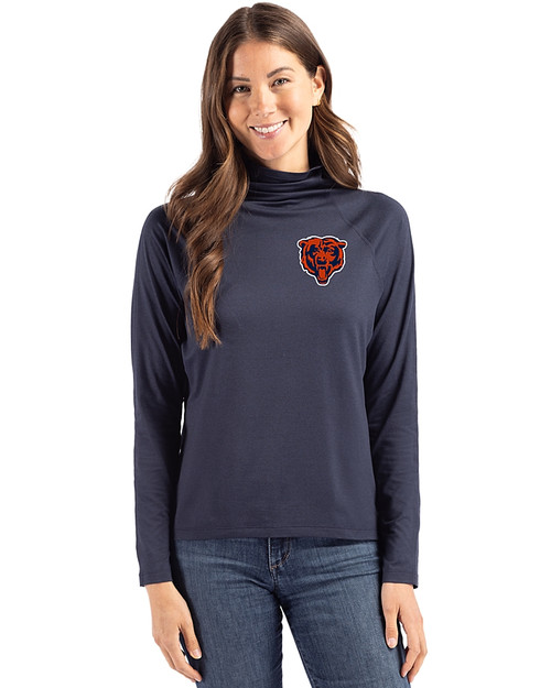 Chicago Bears Historic Cutter & Buck Coastline Epic Comfort Recycled Womens Funnel Neck Navy Blue Front