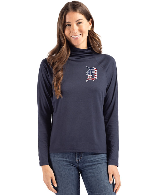 Detroit Tigers Stars & Stripes Cutter & Buck Coastline Epic Comfort Recycled Womens Funnel Neck Navy Blue Front