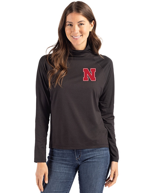 Nebraska Cornhuskers Cutter & Buck Coastline Epic Comfort Recycled Womens Funnel Neck Black Front