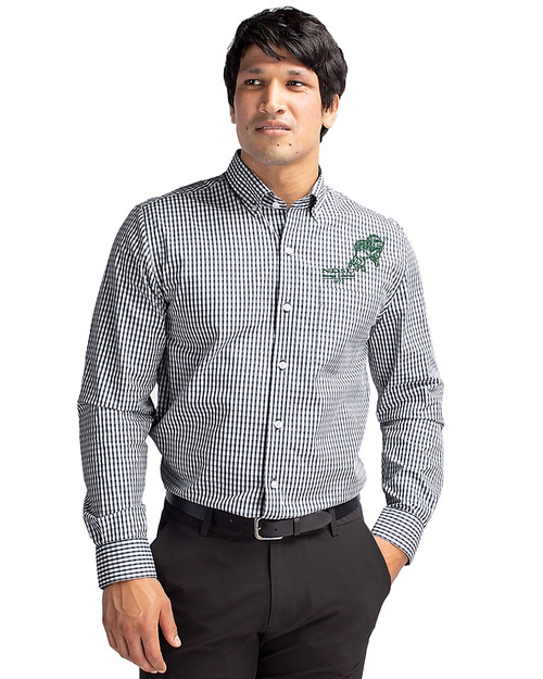 NDSU Bison Vintage Cutter & Buck Easy Care Stretch Gingham Mens Big and Tall Long Sleeve Dress Shirt Charcoal Front