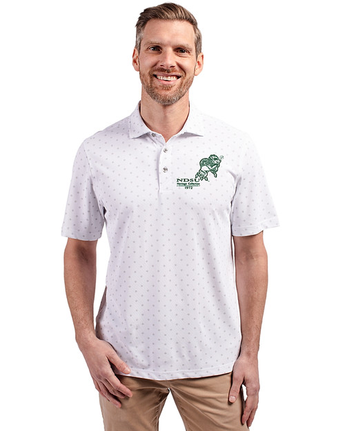 NDSU Bison Vintage Cutter & Buck Virtue Eco Pique Tile Print Recycled Mens Polo White Front