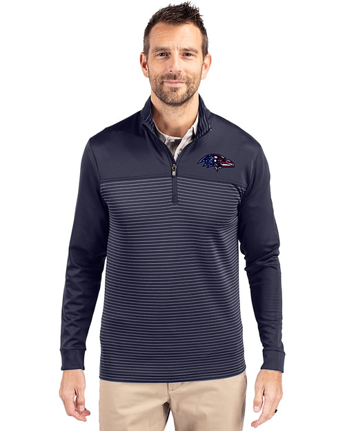 Baltimore Ravens Americana Cutter & Buck Traverse Stretch Eco Stripe Quarter Zip Mens Big and Tall Pullover Liberty Navy Front