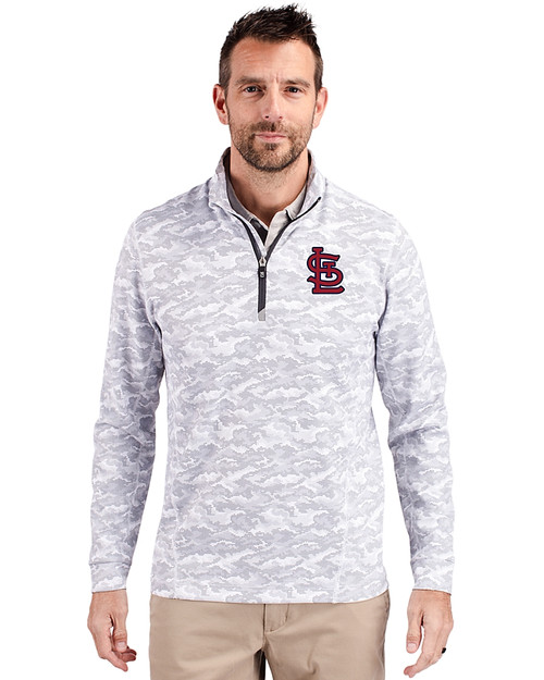 St. Louis Cardinals Cutter & Buck Traverse Stretch Eco Camo Print Quarter Zip Mens Big and Tall Pullover Charcoal Front