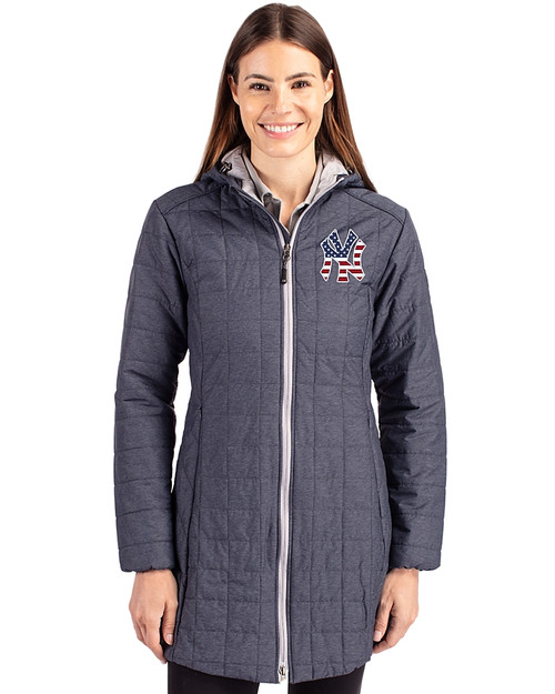 New York Yankees Stars & Stripes Cutter & Buck Rainier PrimaLoft®  Womens Eco Insulated Hooded Long Coat Anthracite Melange Front