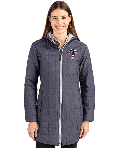 Philadelphia Phillies Stars & Stripes Cutter & Buck Rainier PrimaLoft®  Womens Eco Insulated Hooded Long Coat Anthracite Melange Front