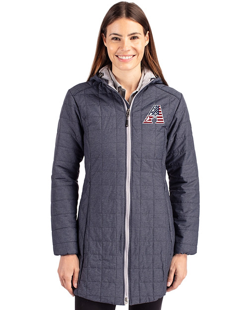 Arizona Diamondbacks Stars & Stripes Cutter & Buck Rainier PrimaLoft®  Womens Eco Insulated Hooded Long Coat Anthracite Melange Front