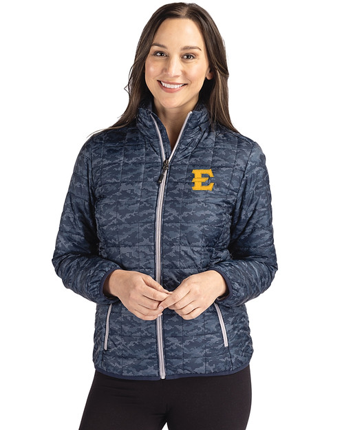 ETSU Buccaneers Cutter & Buck Rainier PrimaLoft® Womens Eco Insulated Full Zip Printed Puffer Jacket Dark Navy Front