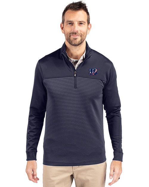 Cincinnati Bengals Americana Cutter & Buck Traverse Recycled Smooth Stretch Mens Big & Tall Stripe Quarter Zip Pullover Liberty Navy Front