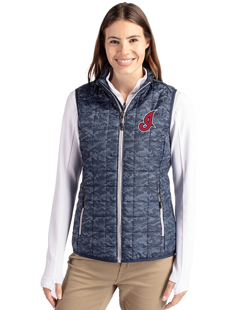 Cleveland Indians Cooperstown Cutter & Buck Rainier PrimaLoft® Womens Eco Insulated Full Zip Printed Puffer Vest Dark Navy Front