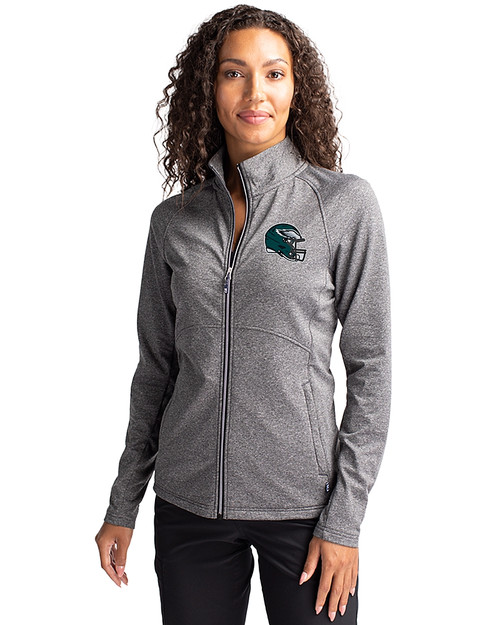 Philadelphia Eagles NFL Helmet Cutter & Buck Adapt Eco Knit Heather Recycled Womens Full Zip Black Heather Front