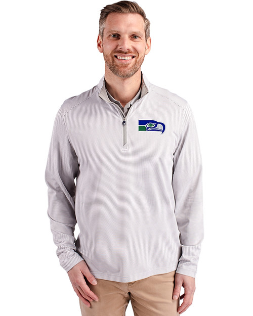 Seattle Seahawks Historic Cutter & Buck Virtue Eco Pique Micro Stripe Recycled Mens Quarter Zip Polished/White Front