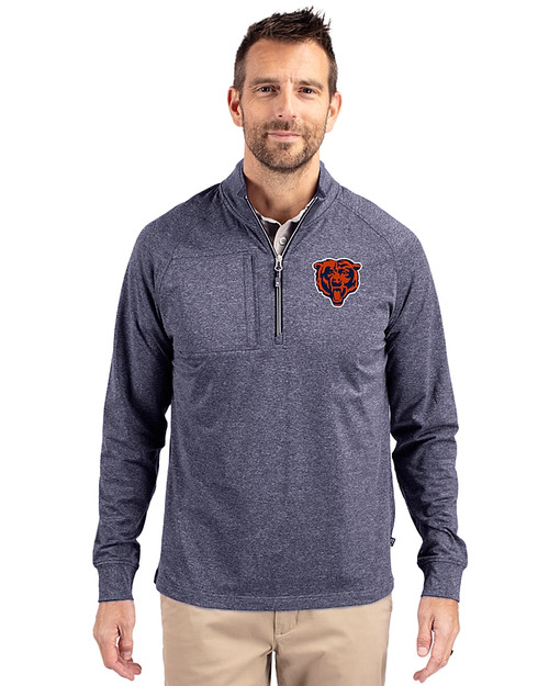 Chicago Bears Historic Cutter & Buck Adapt Eco Knit Heather Mens Big & Tall Quarter Zip Pullover Navy Blue Heather Front