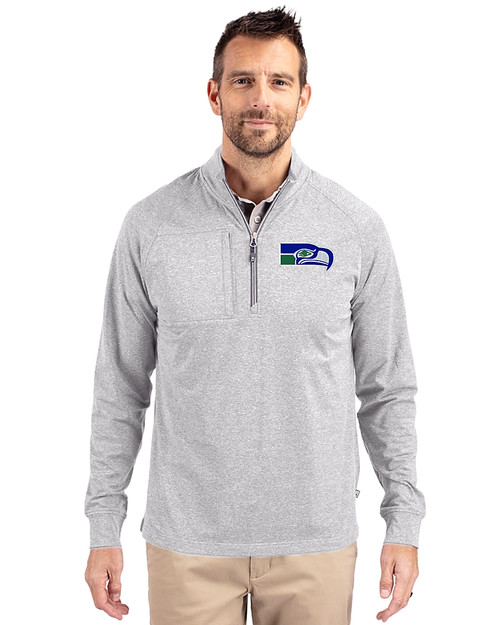 Seattle Seahawks Historic Cutter & Buck Adapt Eco Knit Heather Mens Big & Tall Quarter Zip Pullover Polished Heather Front