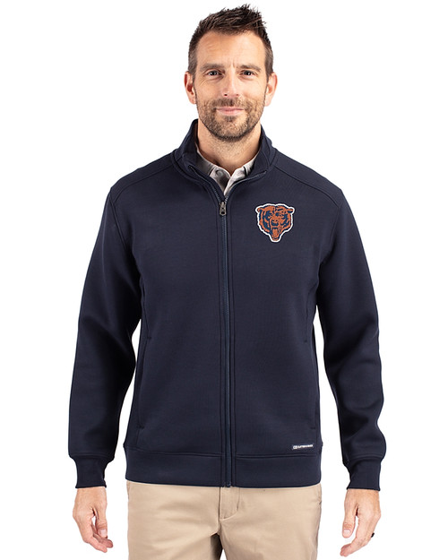 Chicago Bears Historic Cutter & Buck Roam Recycled Buttery-Soft Knit Mens Big & Tall Full Zip Jacket Navy Blue Front