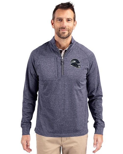 Seattle Seahawks NFL Helmet Cutter & Buck Adapt Eco Knit Heather Mens Quarter Zip Pullover Navy Blue Heather Front