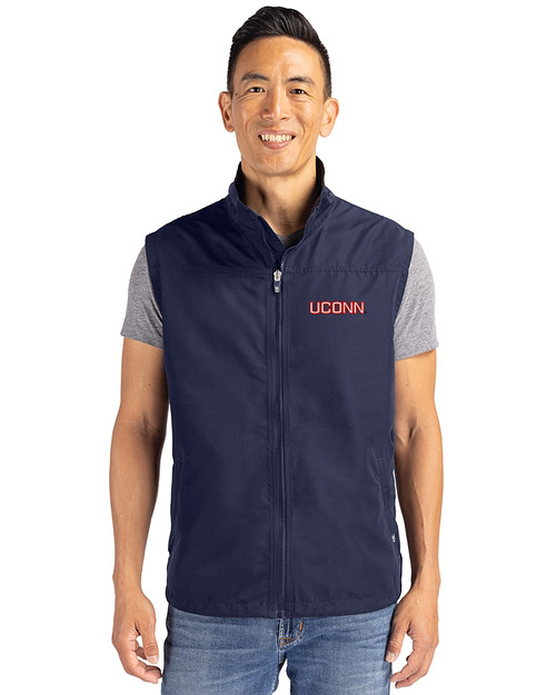 UConn Huskies Cutter & Buck Charter Eco Recycled Mens Full-Zip Vest Navy Blue Front