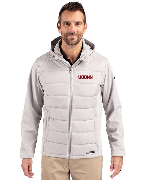 UConn Huskies Cutter & Buck Evoke Hybrid Softshell Recycled Full Zip Mens Hooded Jacket CONCRETE Front