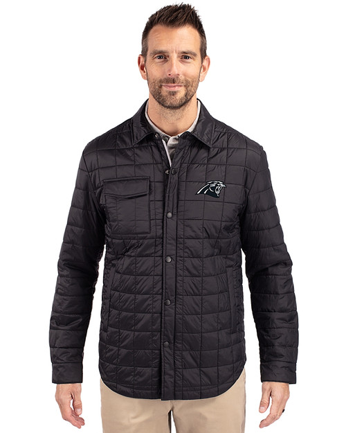 Carolina Panthers Monochromatic Cutter & Buck Rainier Recycled Insulated Puffer Mens Full Zip Shirt Jacket Black Front