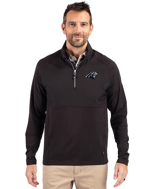 Carolina Panthers Mono Cutter & Buck Adapt Eco Knit Hybrid Recycled Mens Quarter Zip Black Front