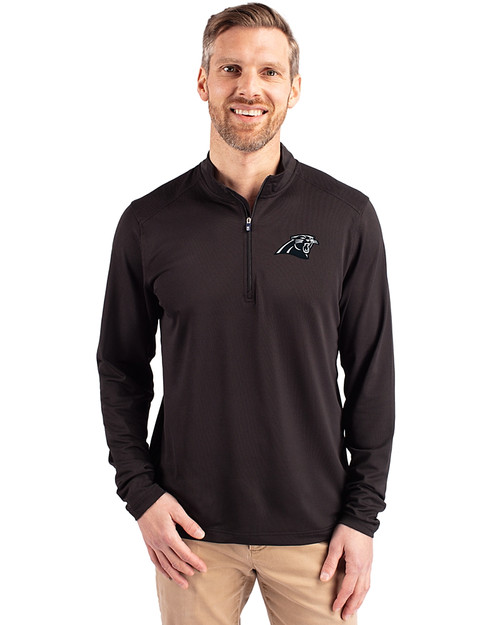 Carolina Panthers Mono Cutter & Buck Virtue Eco Pique Recycled Quarter Zip Mens Big & Tall Pullover Black Front