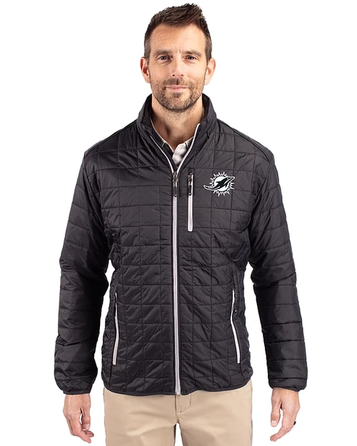 Miami Dolphins Monochromatic Cutter & Buck Rainier Recycled Insulated Puffer Mens Big & Tall Full Zip Jacket Black Front