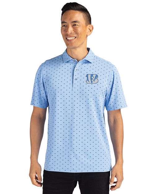 Cincinnati Bengals Mono Cutter & Buck Virtue Eco Pique Tile Print Recycled Mens Polo Atlas Light Blue Front
