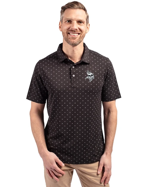 Minnesota Vikings Monochromatic Cutter & Buck Virtue Recycled Tile Print Featherlight Pique Mens Big & Tall  Polo Black Front