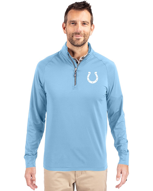 Indianapolis Colts Monochromatic Cutter & Buck Adapt Recycled Soft Knit Stretch  Mens Quarter Zip Pullover Atlas Light Blue Front