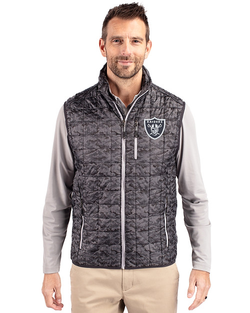  Las Vegas Raiders Mono Cutter & Buck Rainier PrimaLoft® Mens Eco Insulated Full Zip Printed Puffer Vest Black Front