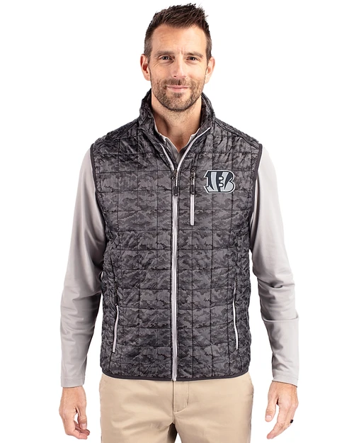 Cinicinnati Bengals Monochromatic Cutter & Buck Rainier Recycled Insulated Printed Puffer Mens Full Zip Vest Black Front