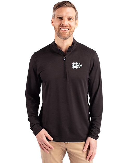 Kansas City Chiefs Monochromatic Cutter & Buck Virtue Recycled Featherlight Pique Mens Big & Tall Quarter Zip Pullover Black Front