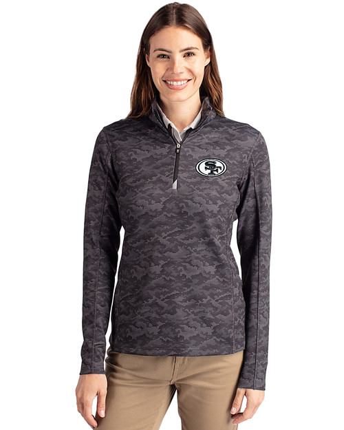 San Francisco 49ers Mono Cutter & Buck Traverse Stretch Eco Camo Print Quarter Zip Womens Pullover Black Front