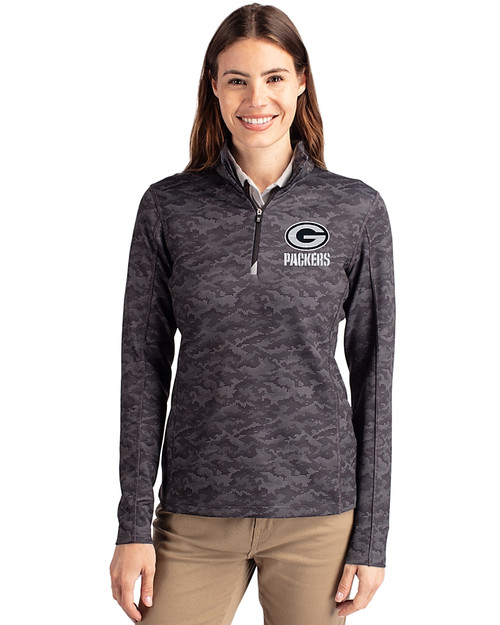 Green Bay Packers Mono Cutter & Buck Traverse Stretch Eco Camo Print Quarter Zip Womens Pullover Black Front