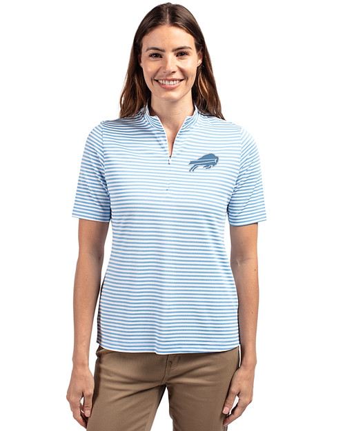 Buffalo Bills Mono Cutter & Buck Virtue Eco Pique Stripe Recycled Womens Top Atlas Light Blue Front