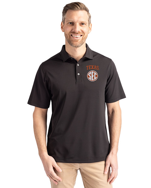 Texas Longhorns SEC Cutter & Buck Virtue Eco Pique Recycled Mens Polo Black Front