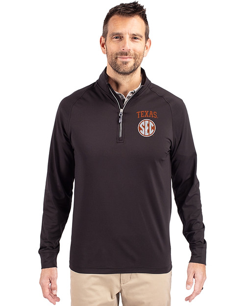 Texas Longhorns SEC Cutter & Buck Adapt Eco Knit Stretch Recycled Mens Quarter Zip Pullover Black Front