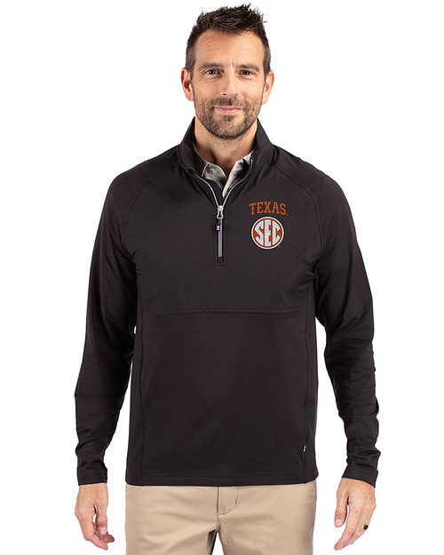 Texas Longhorns SEC Cutter & Buck Adapt Eco Knit Hybrid Recycled Mens Quarter Zip Black Front