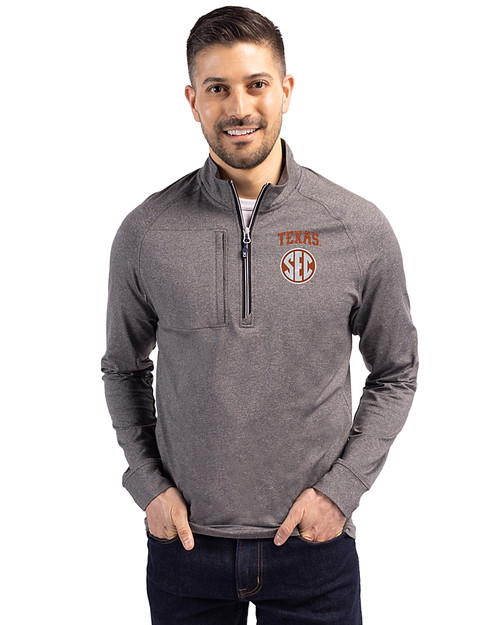 Texas Longhorns SEC Cutter & Buck Adapt Eco Knit Heather Mens Quarter Zip Pullover Black Heather Front
