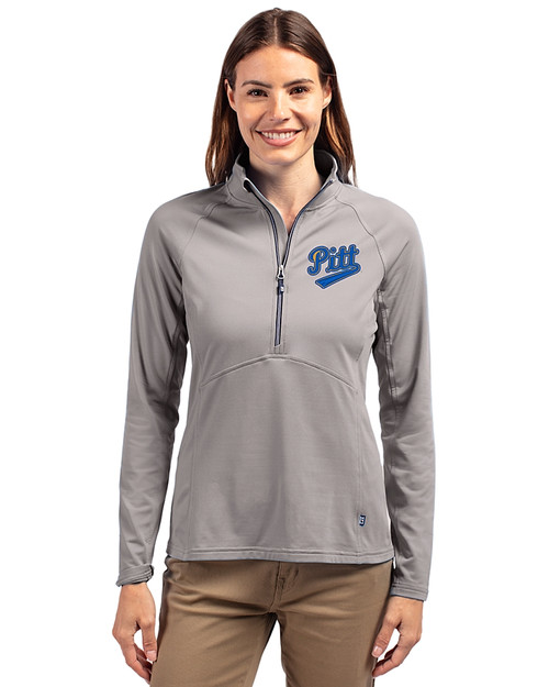 Pitt Panthers College Vault Cutter & Buck Adapt Eco Knit Stretch Recycled Womens Half Zip Pullover Polished Medium Gray Front